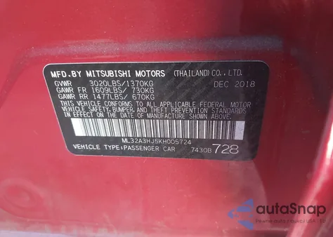 2019 Mitsubishi Mirage Es z USA, uszkodzony, nr VIN ML32A3HJ5KH005724
